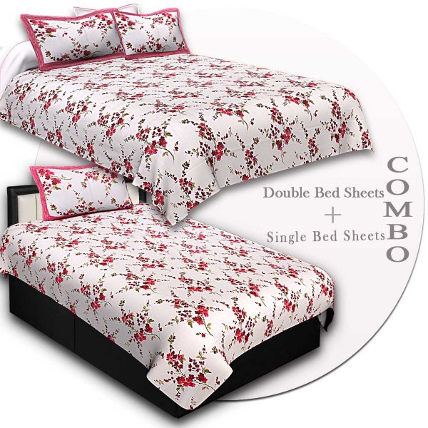 COMBO93- Set of 1 Double Bedsheet and 1 Single Bedsheet With 2+2