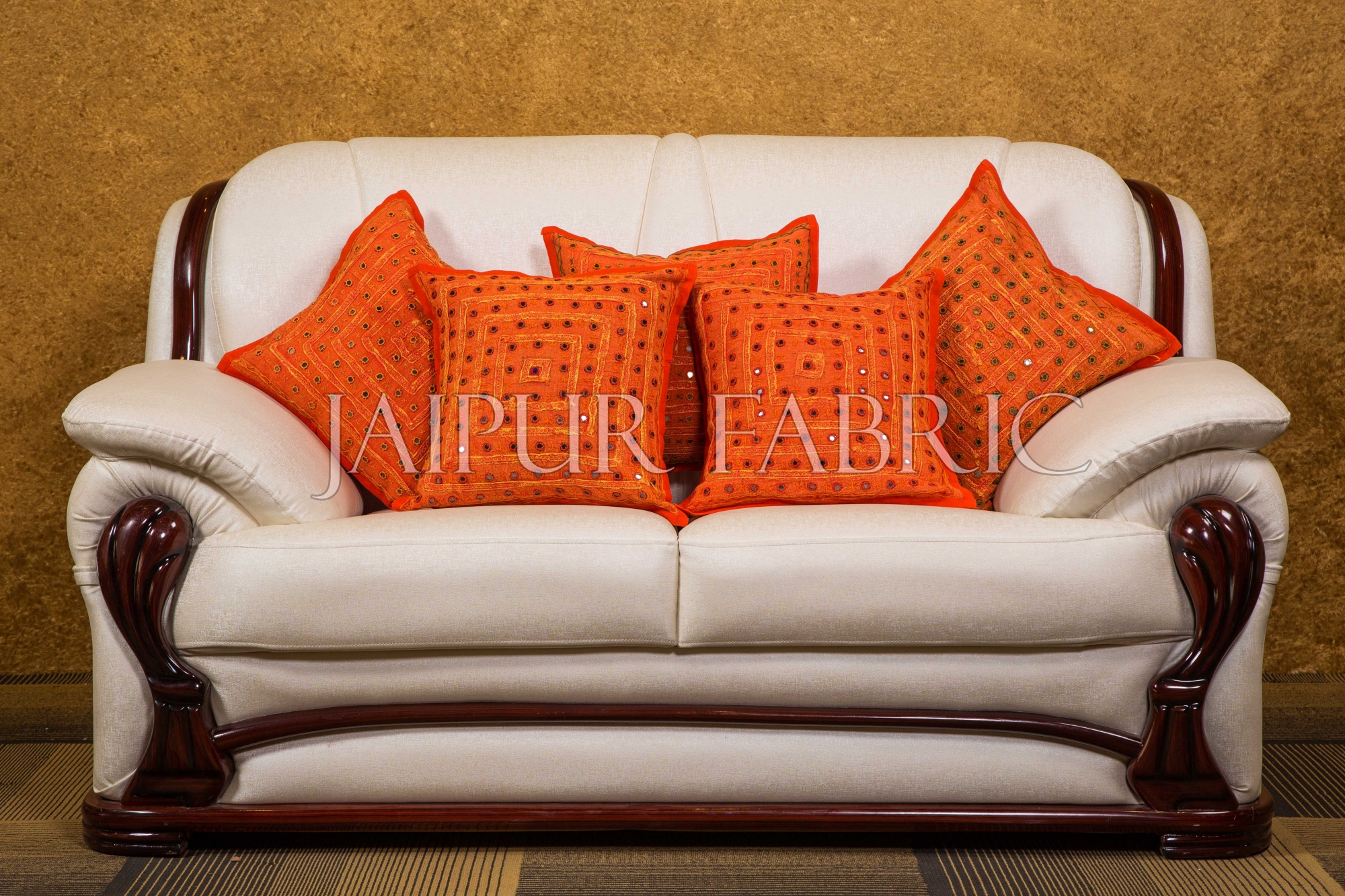 Orange Handmade Mirror Work Cushion Cover