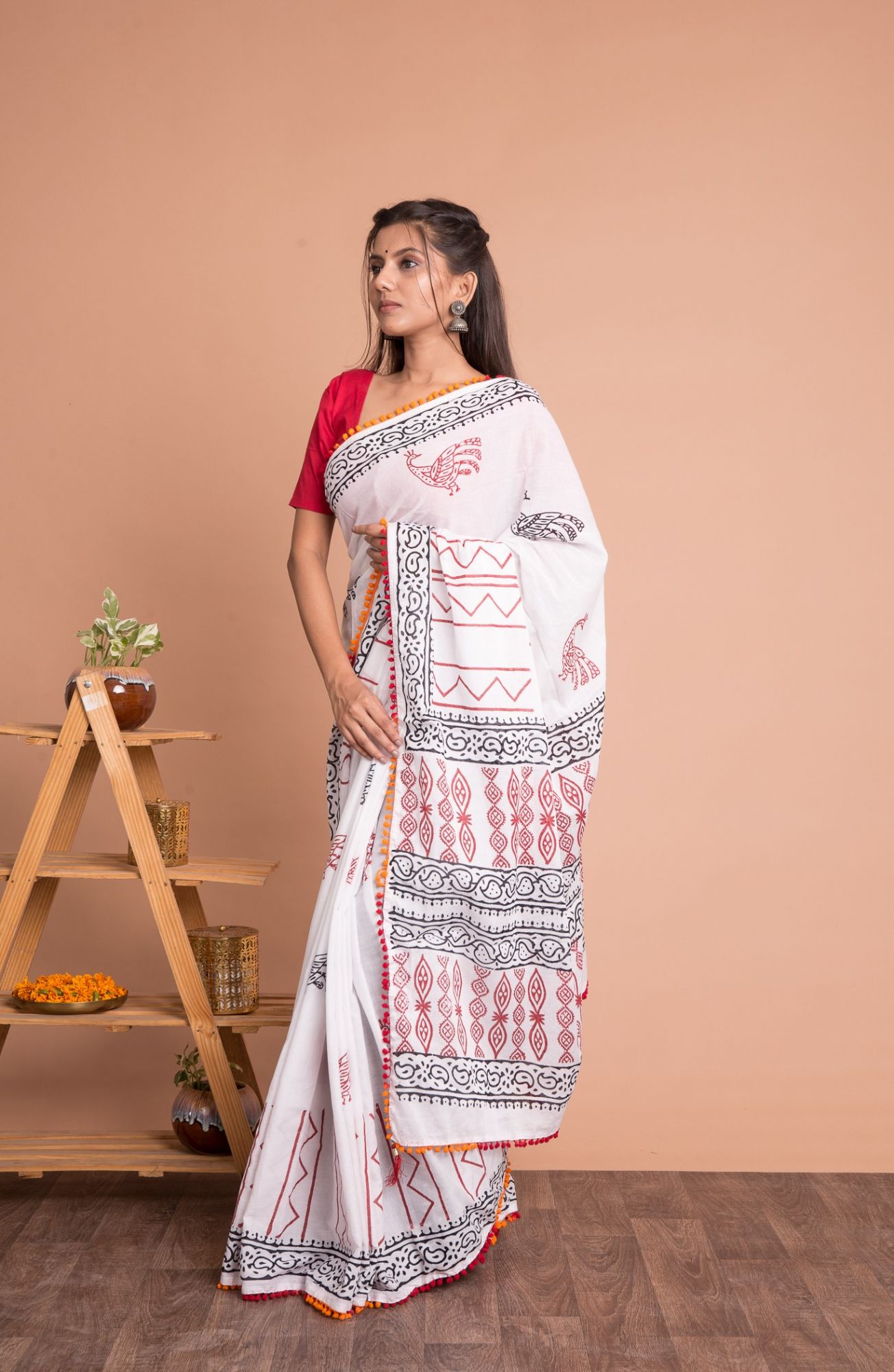 Women Hand Block Printed Cotton Mulmul Saree with Unstitched Blouse - White