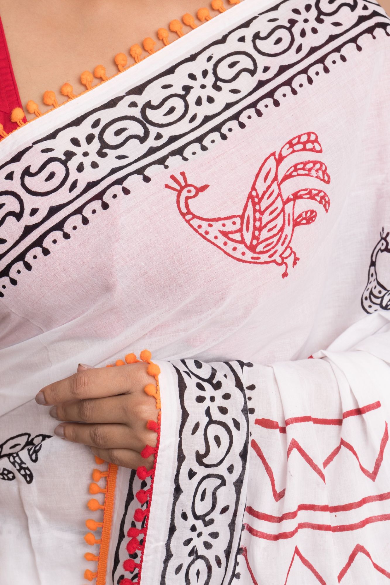 Women Hand Block Printed Cotton Mulmul Saree with Unstitched Blouse - White