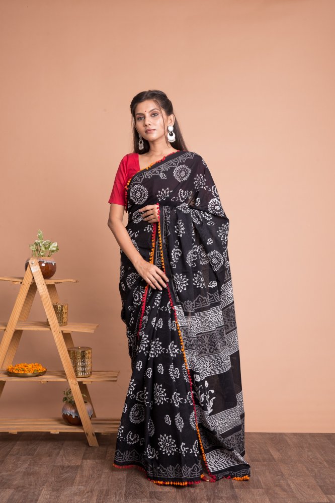 Floral Hand Block Printed Cotton Mulmul Saree with Unstitched Blouse - Black