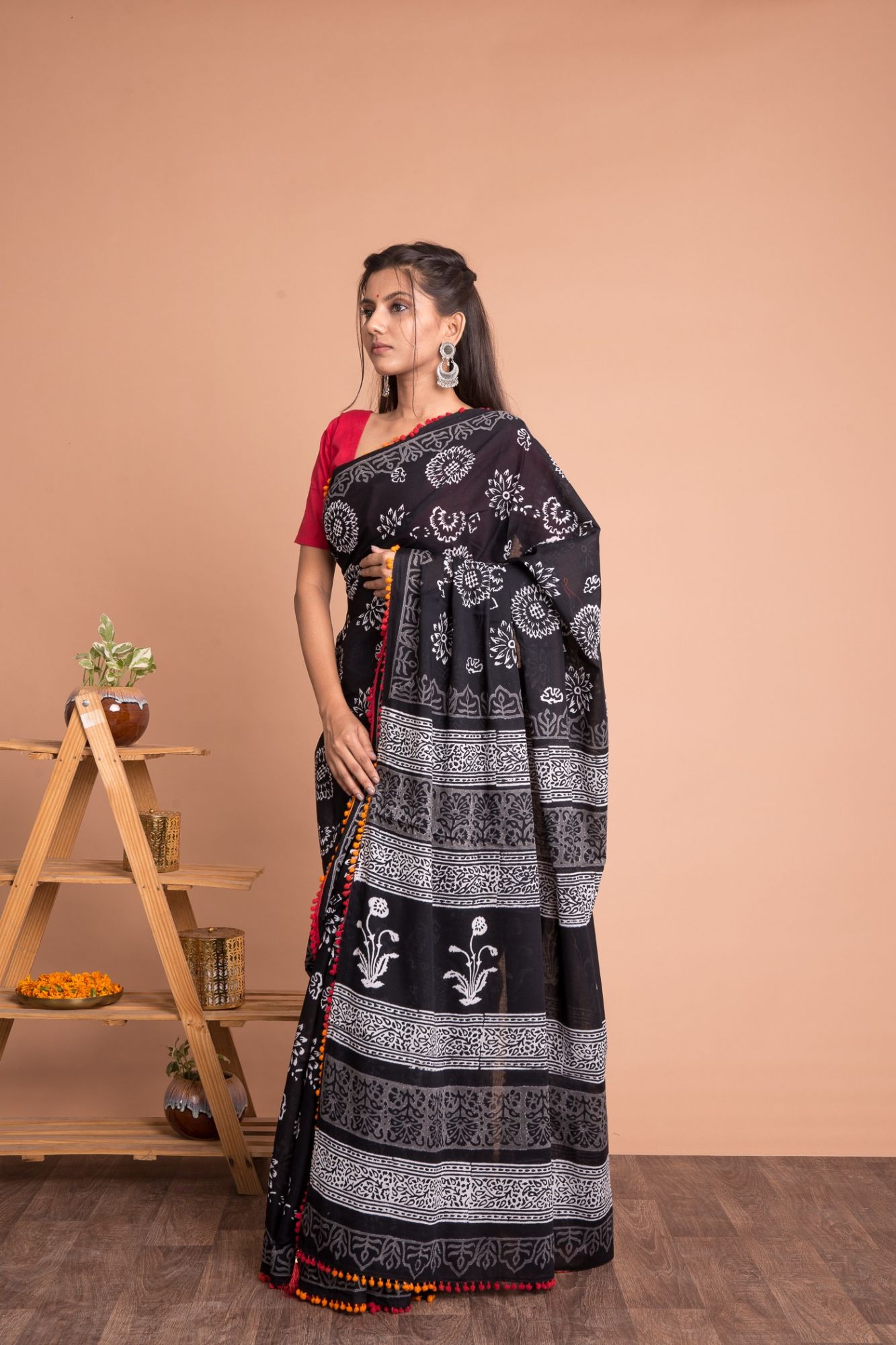 Floral Hand Block Printed Cotton Mulmul Saree with Unstitched Blouse - Black