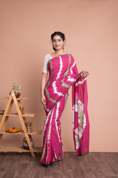 Women Marble Cotton Mulmul Saree with Unstitched Blouse - Pink