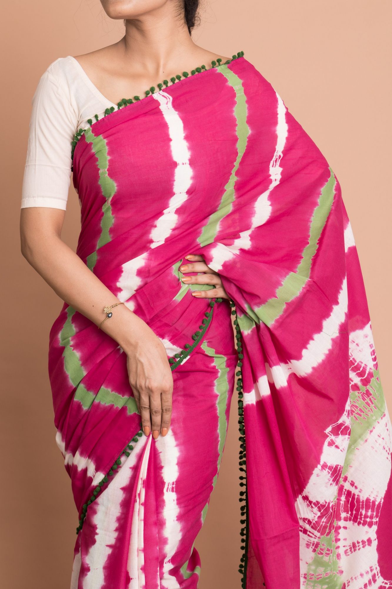 Women Marble Cotton Mulmul Saree with Unstitched Blouse - Pink