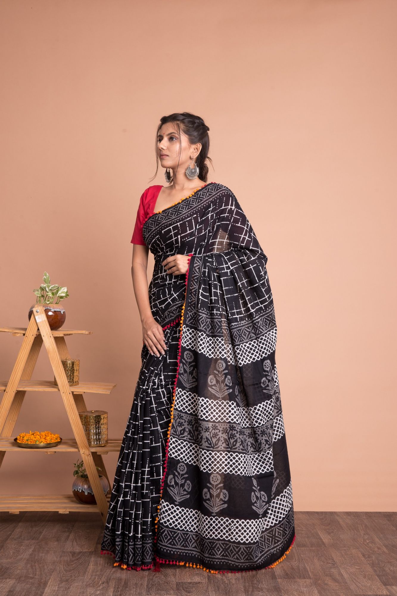 Geometric Hand Block Printed Cotton Mulmul Saree with Unstitched Blouse - Black