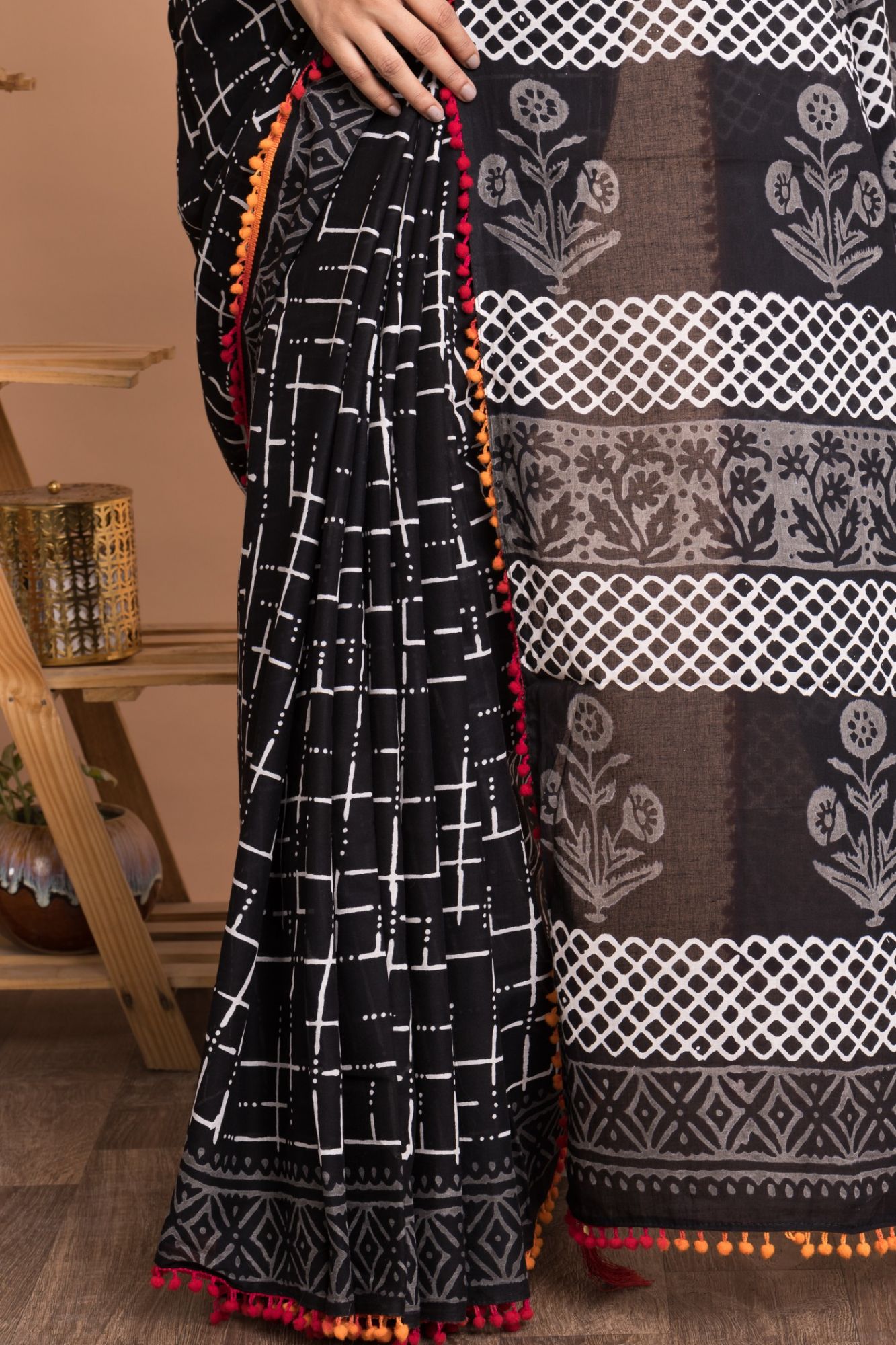 Geometric Hand Block Printed Cotton Mulmul Saree with Unstitched Blouse - Black