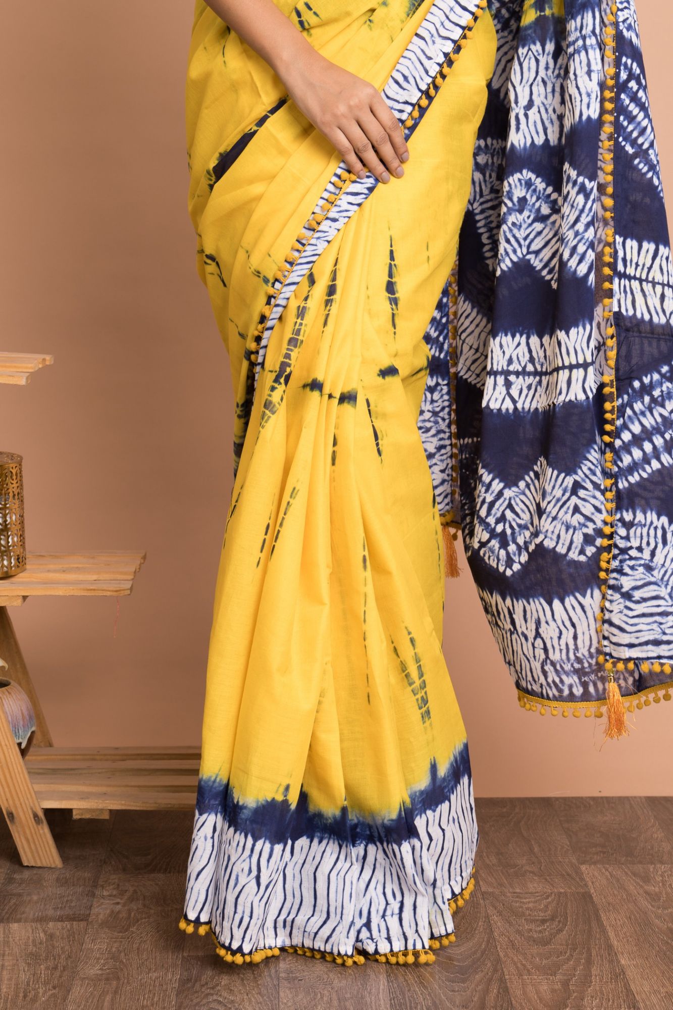 Shibori Tie N Dye Marble Pattern Cotton Mulmul Saree with Unstitched Blouse - Yellow