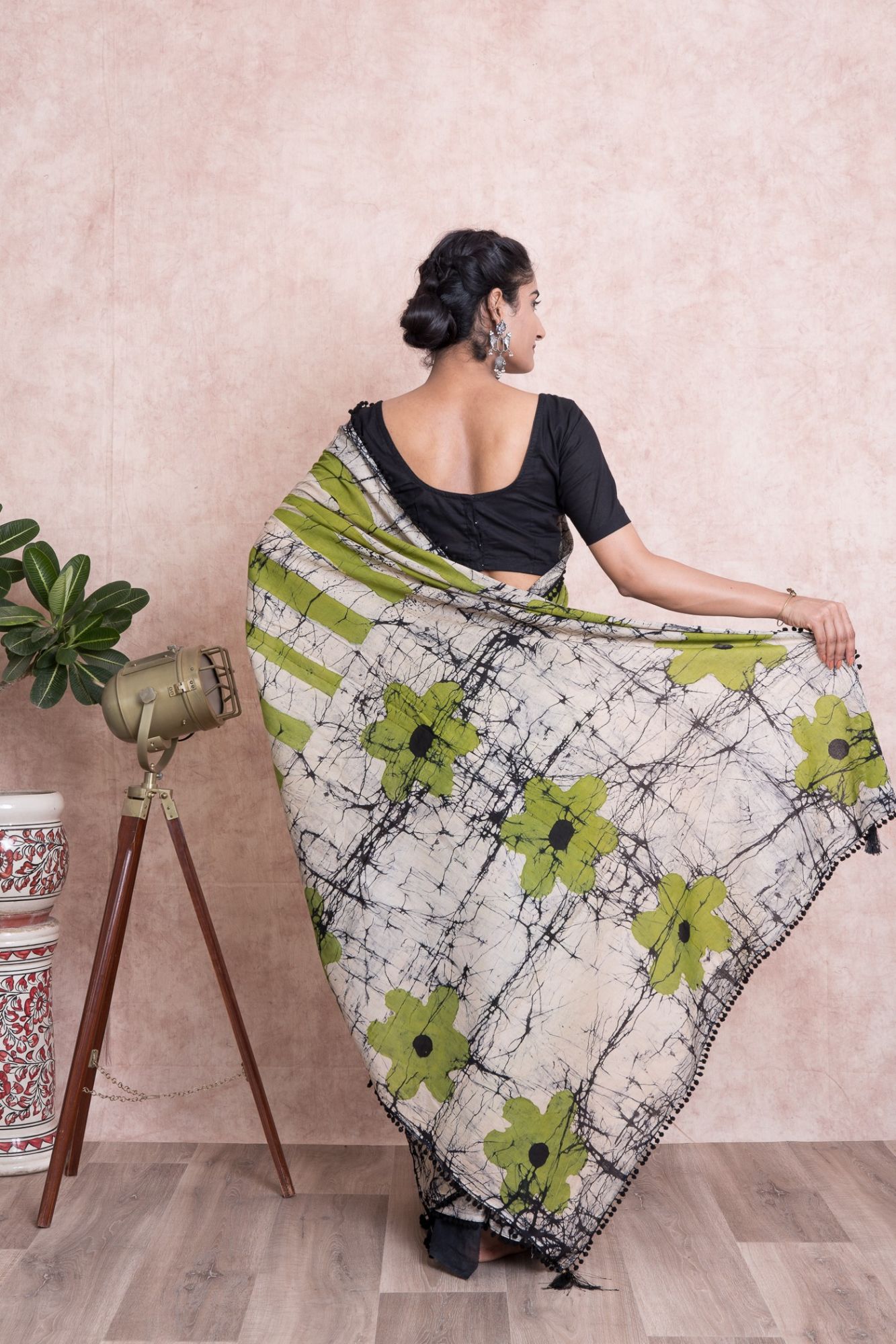 Pom-Pom Batik Print Cotton Mulmul Saree with Unstitched Blouse - Green