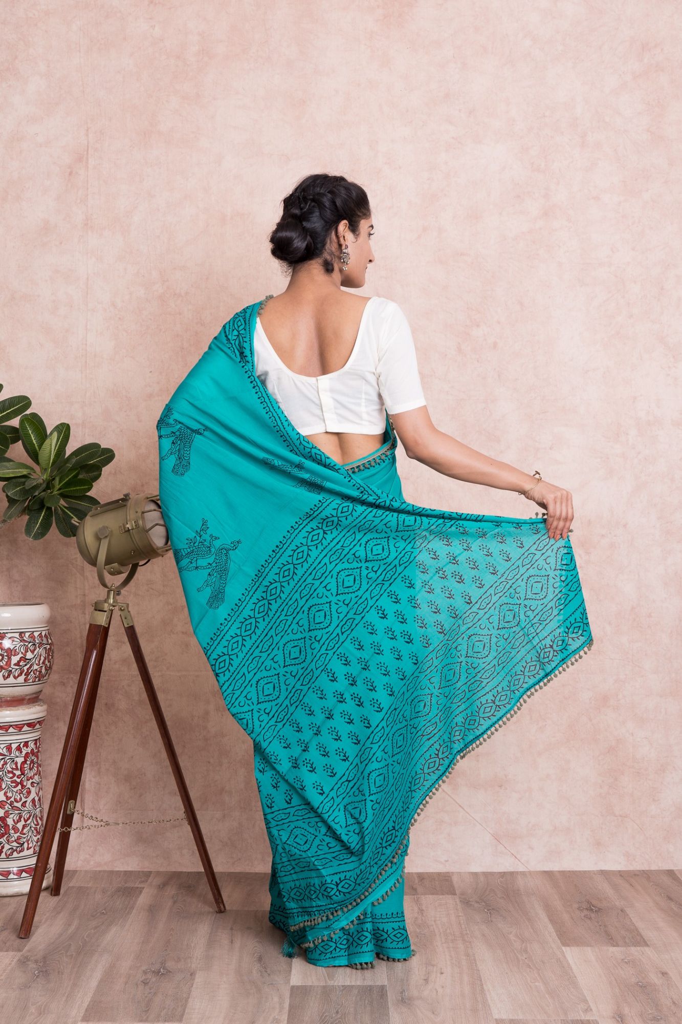 Pom-Pom Hand Block Printed Cotton Mulmul Saree with Unstitched Blouse - Green