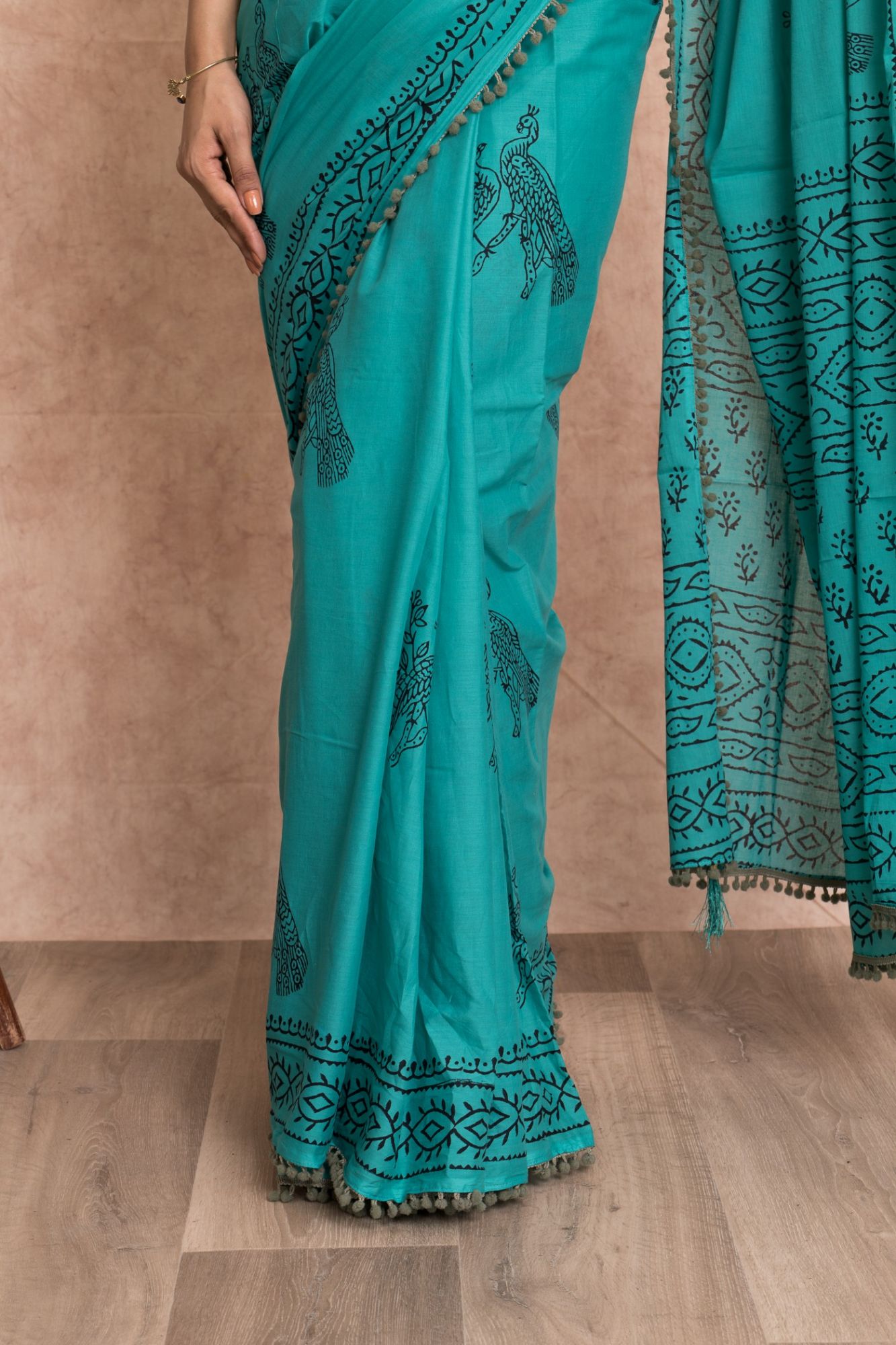 Pom-Pom Hand Block Printed Cotton Mulmul Saree with Unstitched Blouse - Green