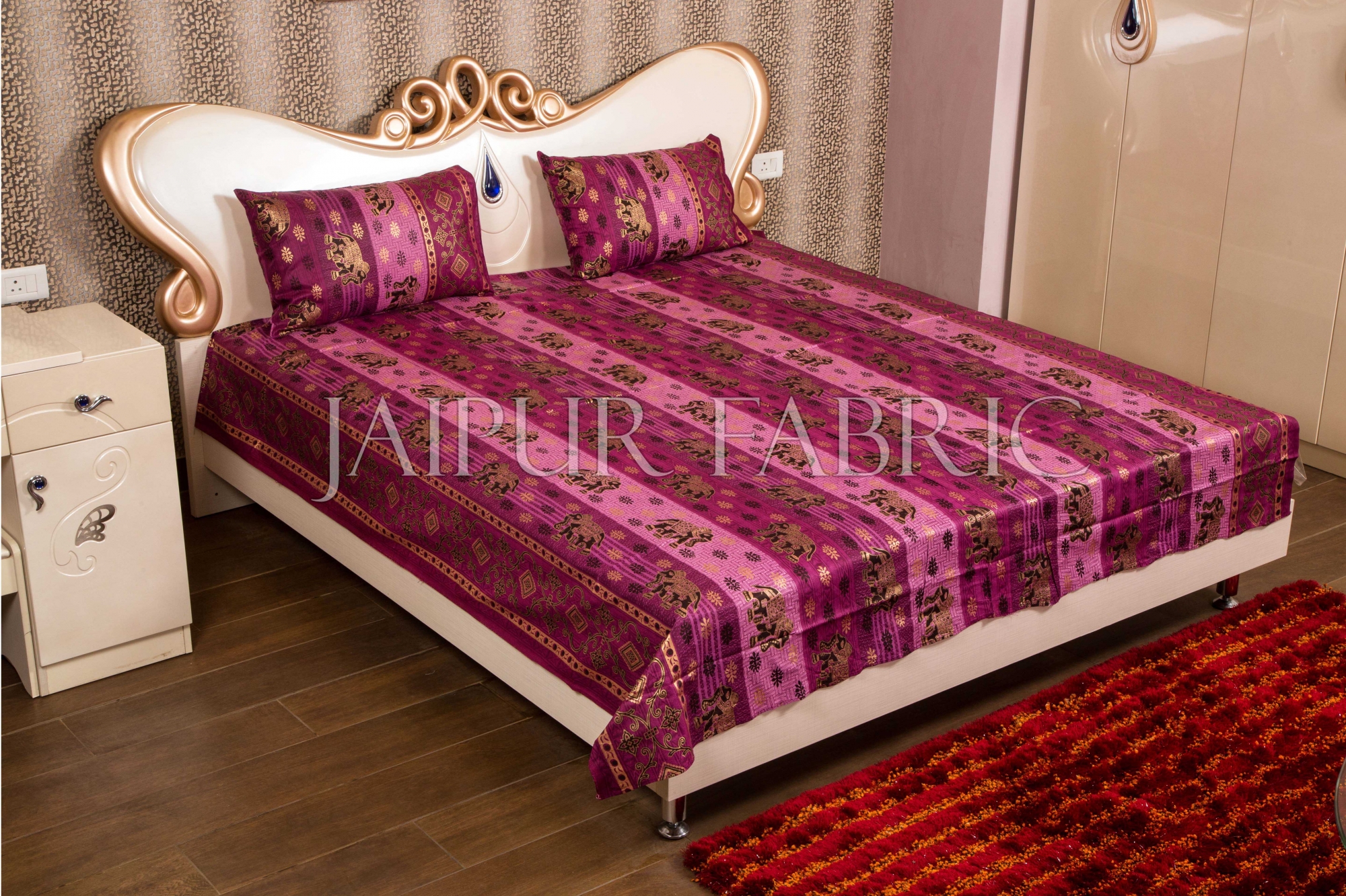 Purple color with Golden Elephant Print Double Bed Sheet with Two Pillow Covers