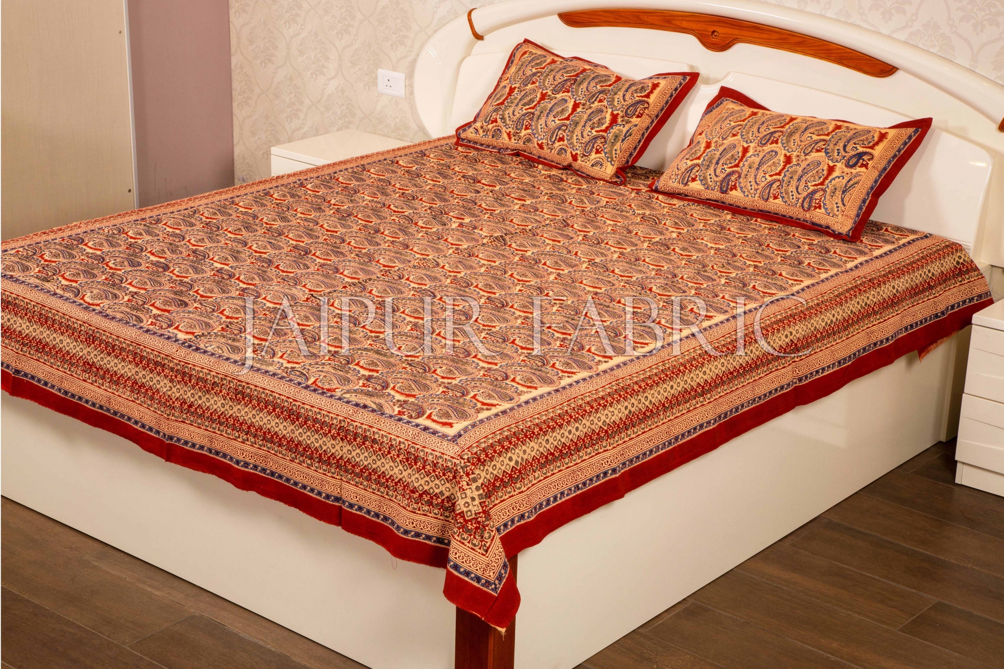 Red Border Brick Color Hand Block Print Double Bed Sheet with Two Pillow Covers