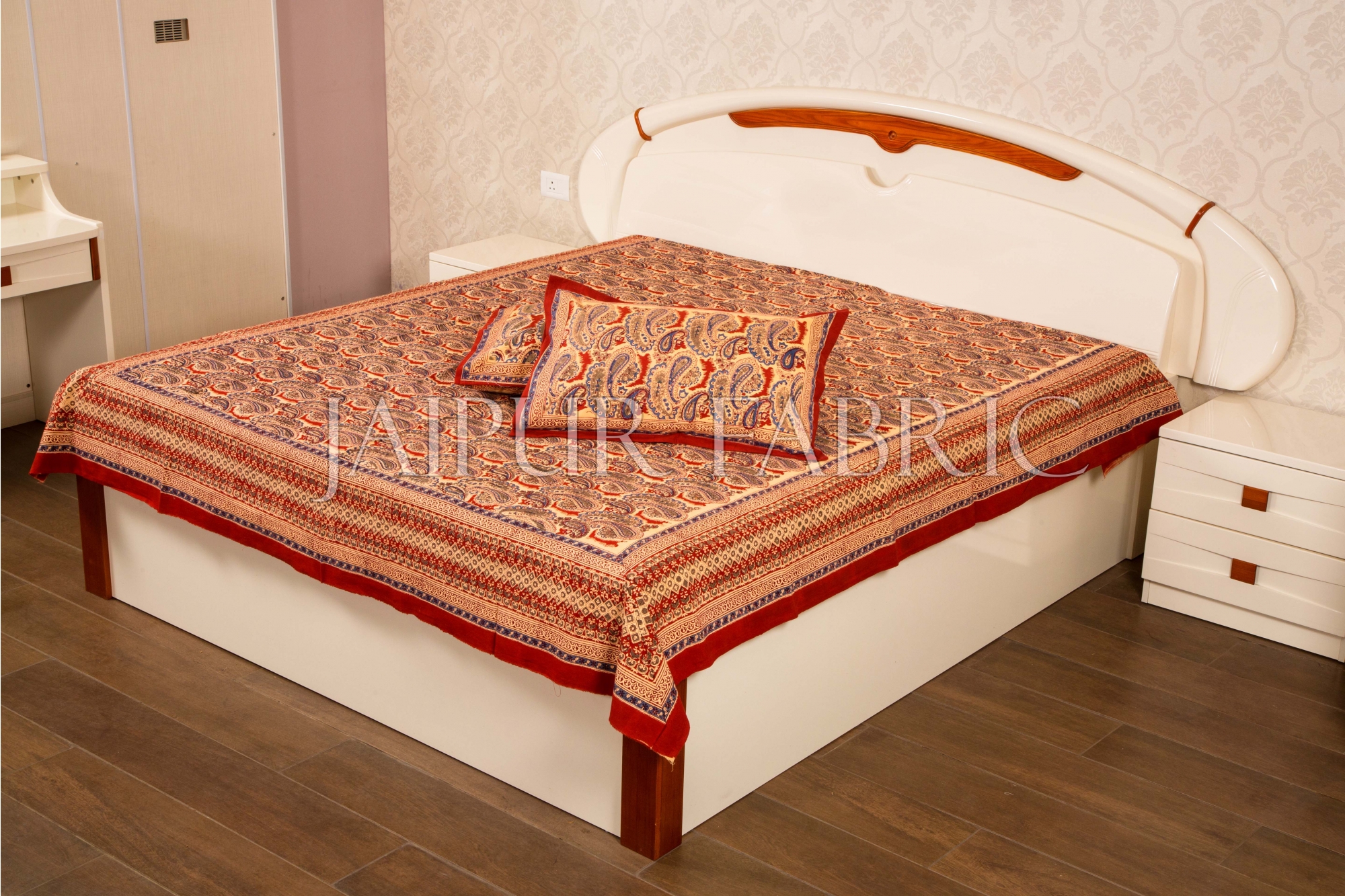 Red Border Brick Color Hand Block Print Double Bed Sheet with Two Pillow Covers