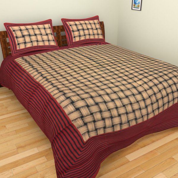 Maroon Border With Lining Check Pattern Cotton Double Bed Sheet