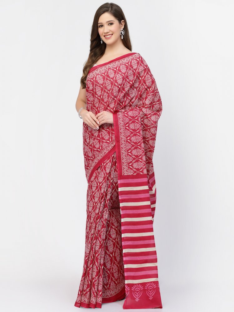 Ajrakh Printed Women&#039;s Cotton Saree with Unstitched Blouse