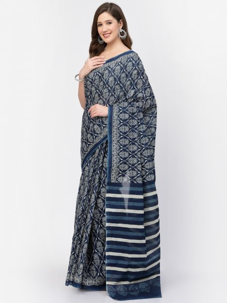 Women&#039;s Cotton Ajrakh Printed Saree with Unstitched Blouse