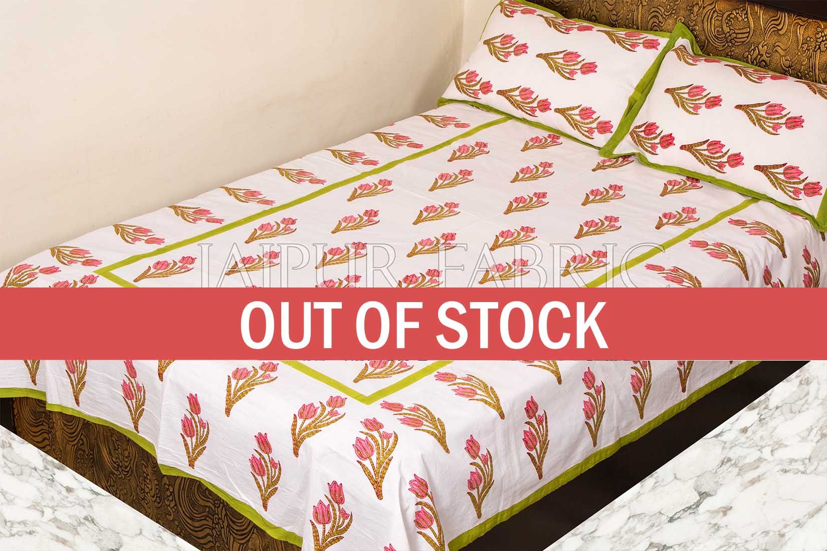 Green Border White Base Pink Flower Handmade Block Print Single Bed Sheet with Two Pillow Covers