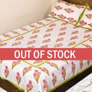 Green Border White Base Pink Flower Handmade Block Print Single Bed Sheet with Two Pillow Covers