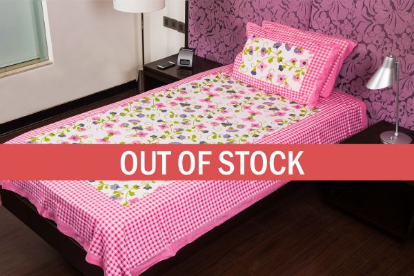 Pink Checks White Base Floral Print Single Cotton Bed sheet