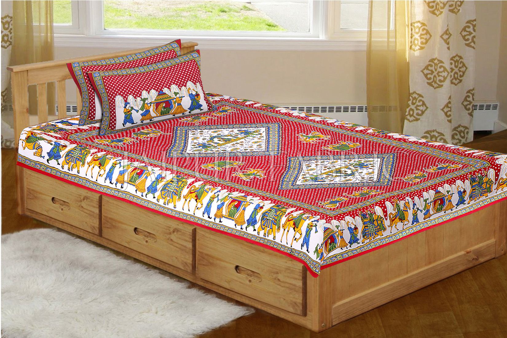Maroon Base Jaipur Doli Design with Elephant Print Single Bed Sheet