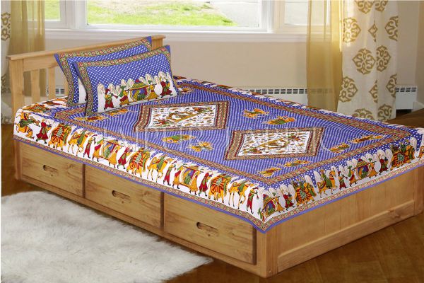 Blue Base Jaipur Doli Design with Elephant Print Single Bed Sheet