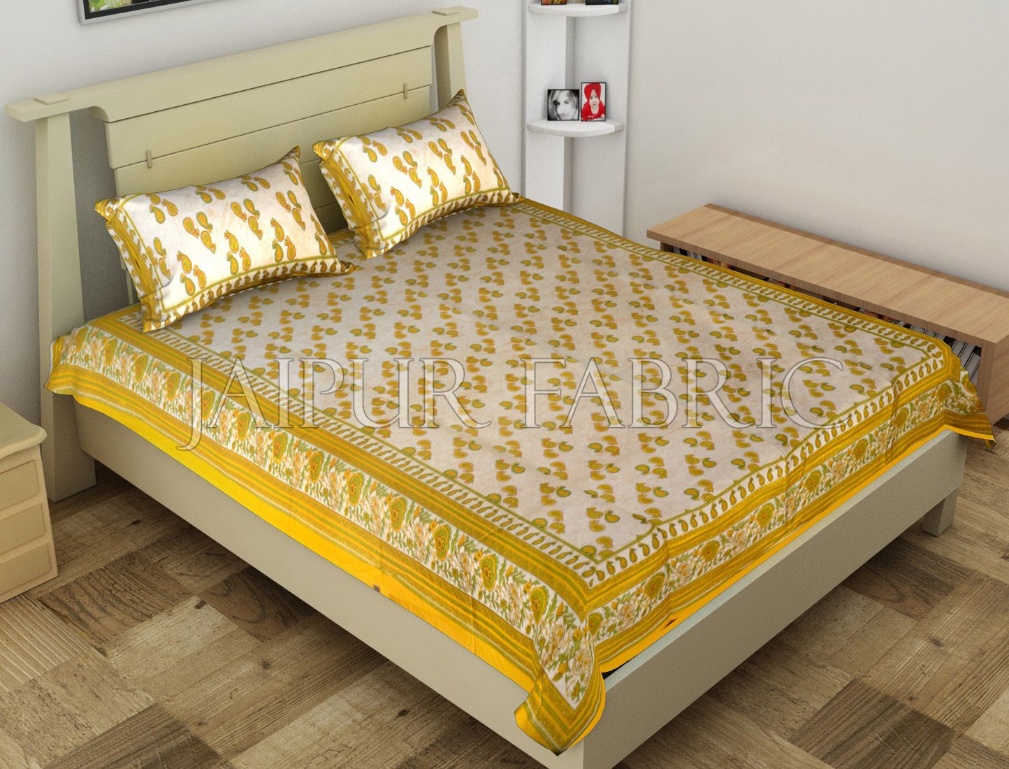 Yellow Anthemion Pattern Cotton Single Bed Sheet
