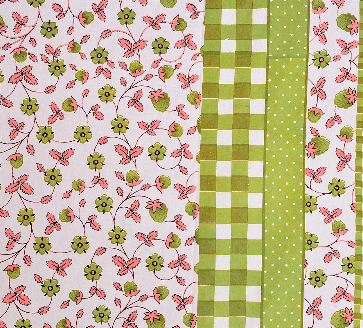 Green Boarder With Check Print And Dot Flower Pattern Single Bed Sheet With 2 Pillow Cover