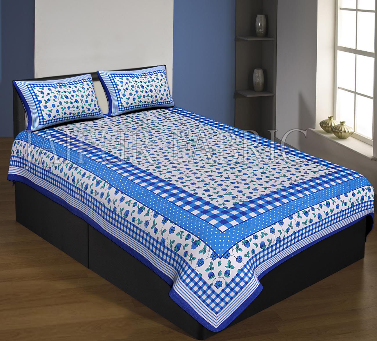 Blue Boarder With Check Print And Dot Flower Pattern Single Bed Sheet With 2 Pillow Cover