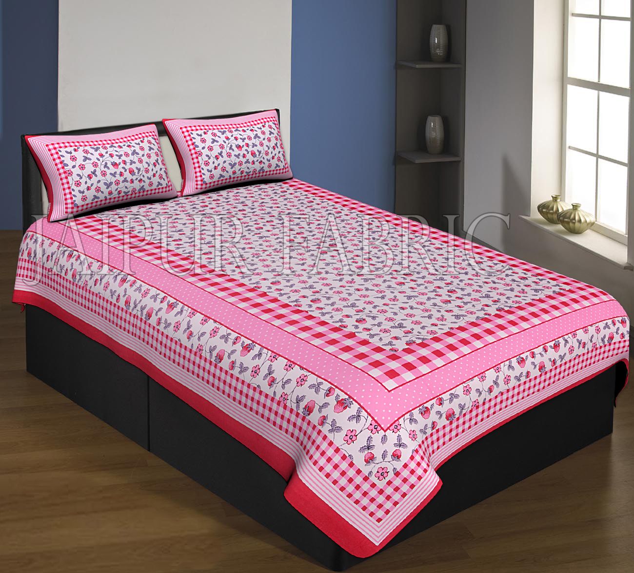 Red Boarder With Check Print And Dot Flower Pattern Single Bed Sheet With 2 Pillow Cover