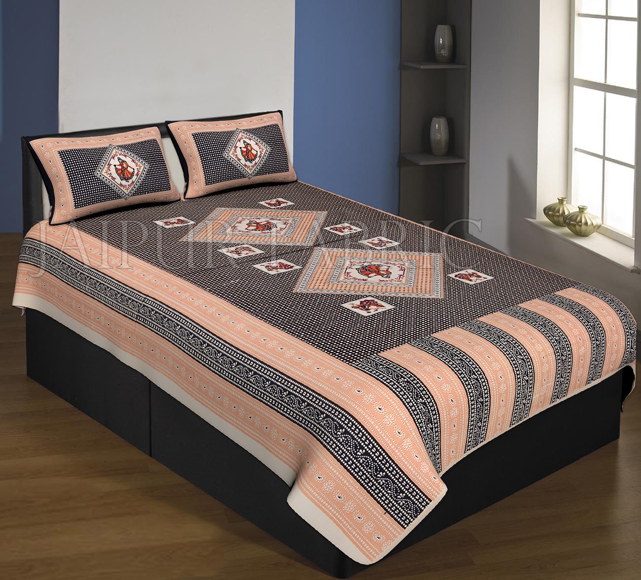 Cream And Light Brown Boarder Black Base With Tiny Bandej Print Single Bed Sheet With 2 Pillow Cover