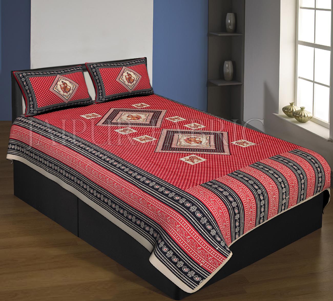 Cream And Red Black Boarder Black Base With Tiny Bandej Print Single Bed Sheet With 2 Pillow Cover