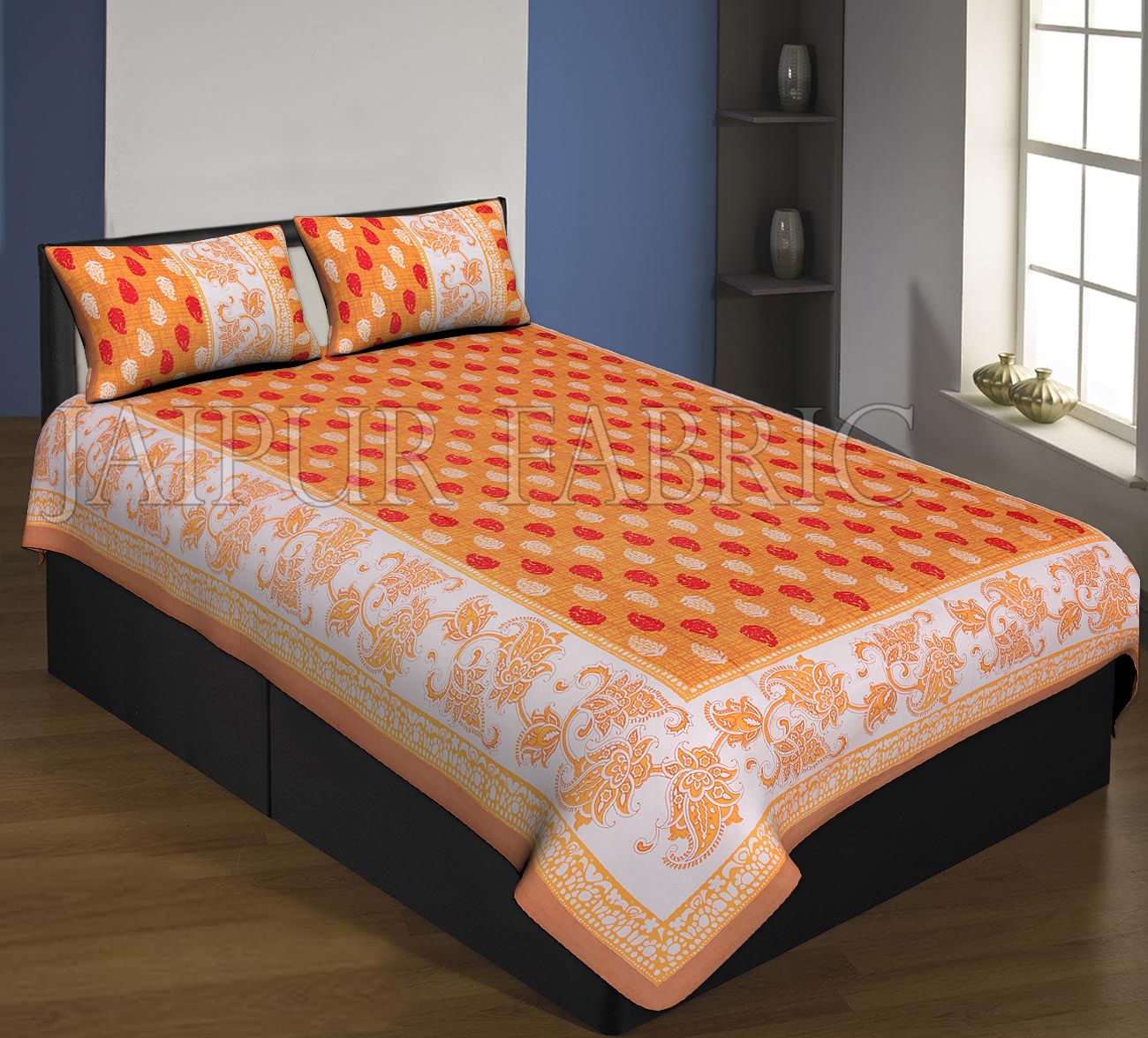 Brown Boarder Orange Base With Flower And Leaf Print Single Bed Sheet With 2 Pillow Cover