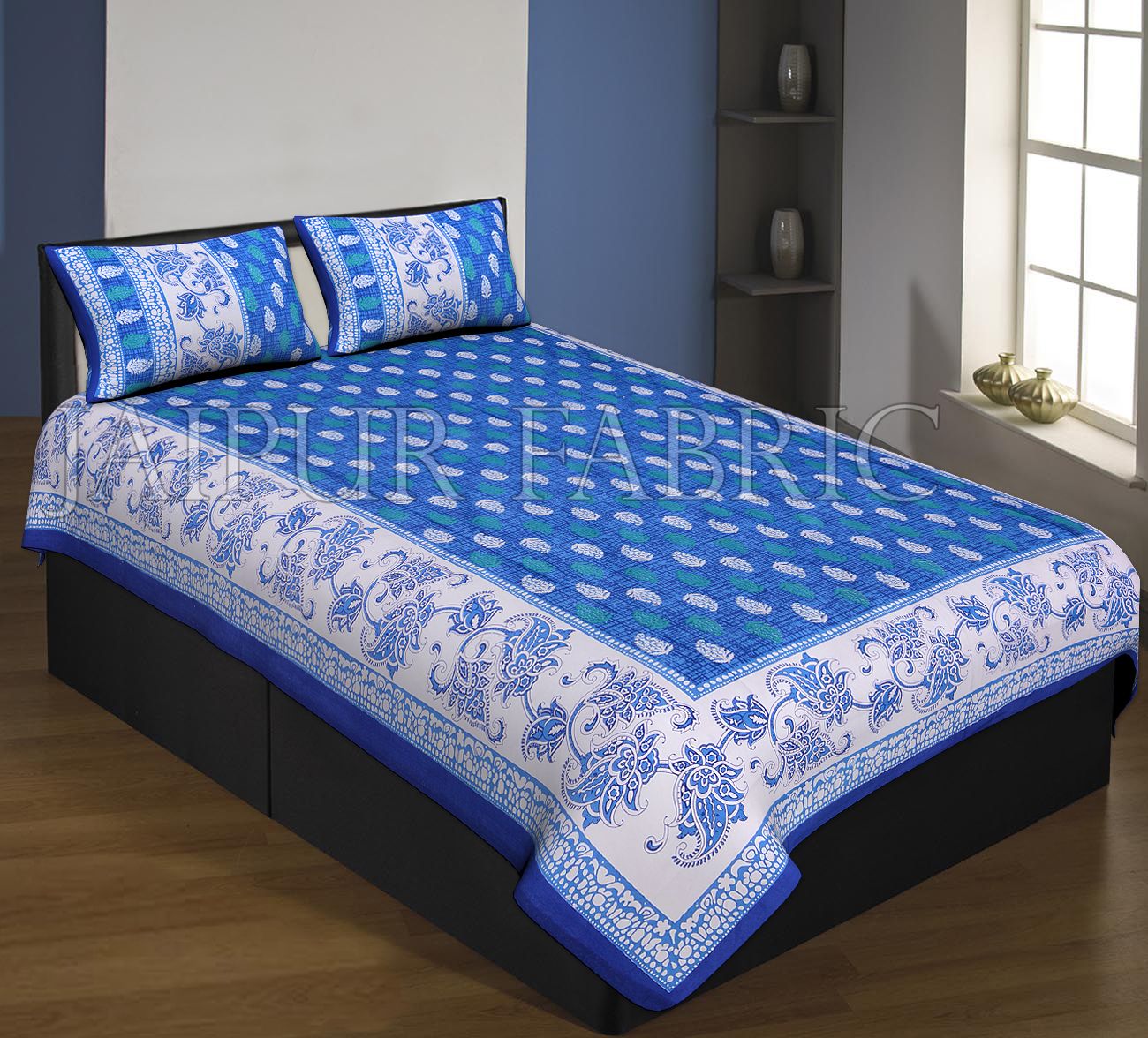 Navy Blue Boarder And Base With Flower And Leaf Print Single Bed Sheet With 2 Pillow Cover