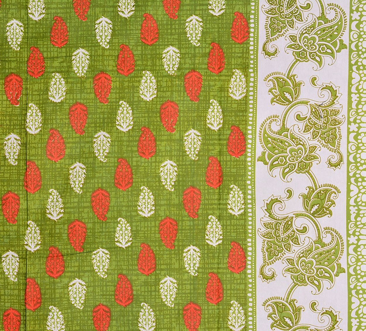 Green Boarder And Base With Flower And Leaf Print Single Bed Sheet With 2 Pillow Cover