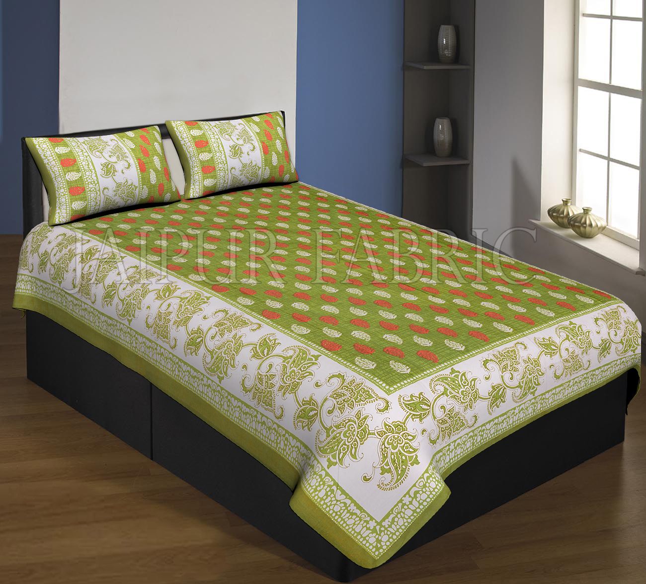 Green Boarder And Base With Flower And Leaf Print Single Bed Sheet With 2 Pillow Cover