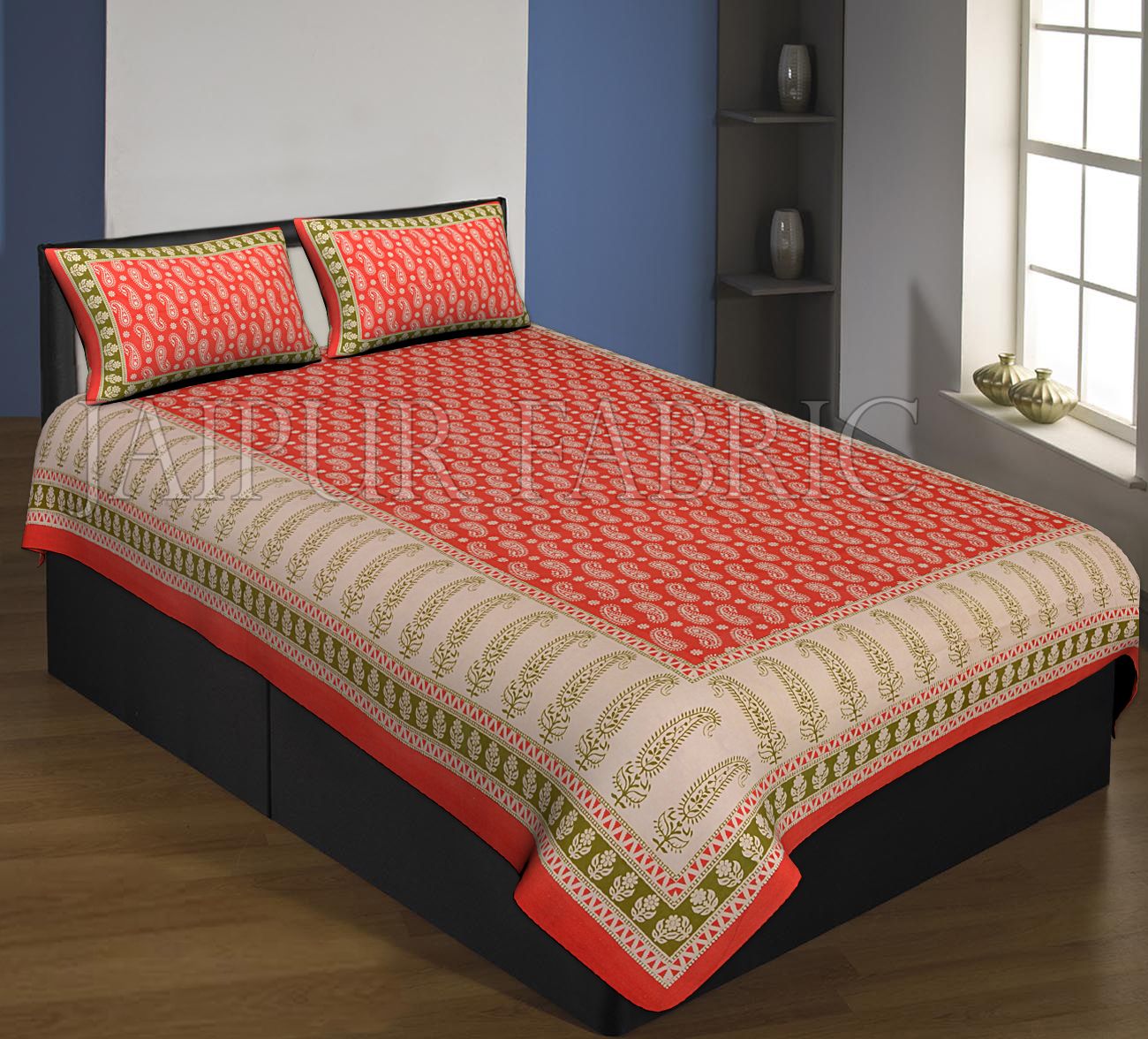Red And Cream Boarder With Long Leaf Pattern Single Bed Sheet With 2 Pillow Cover