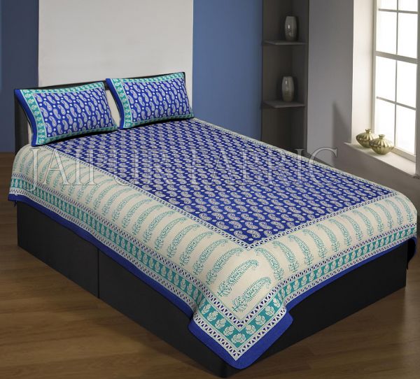 Navy Blue And Cream Boarder With Long Leaf Pattern Single Bed Sheet With 2 Pillow Cover