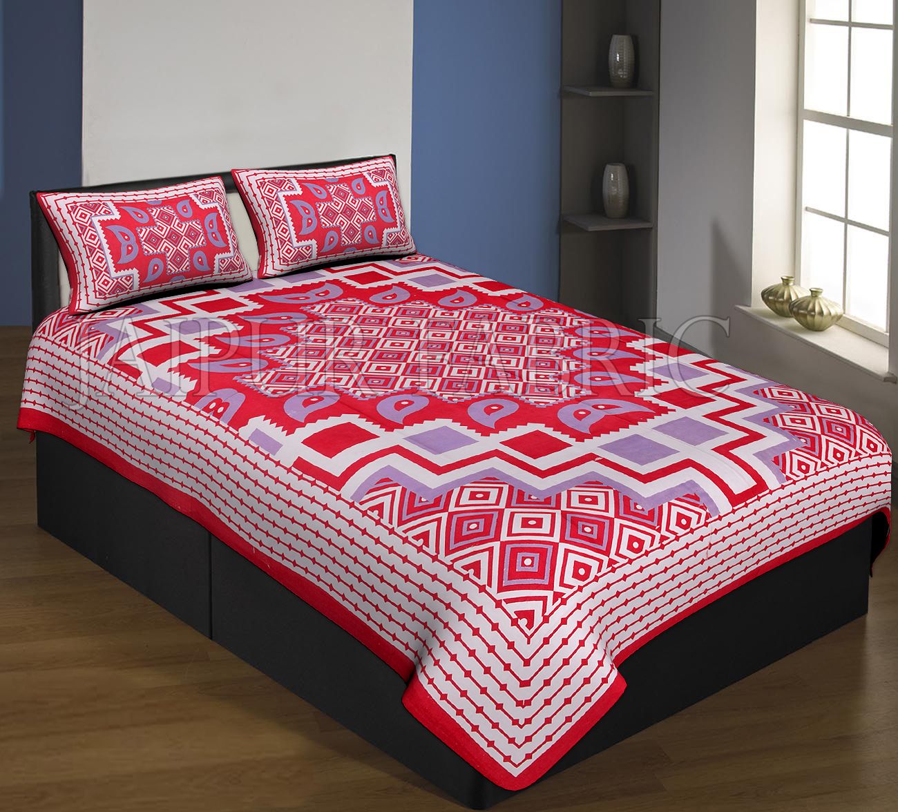 Red Boarder Cream Base With Paan And Rangoli Pattern Single Bed Sheet With 2 Pillow Cover