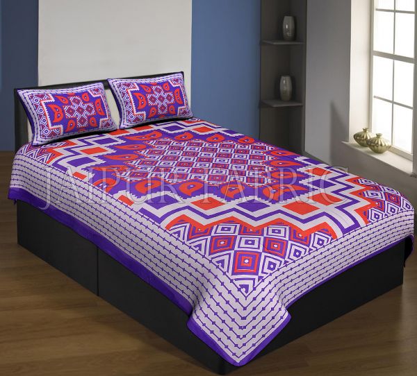Purple Boarder Cream Base With Paan And Rangoli Pattern Single Bed Sheet With 2 Pillow Cover