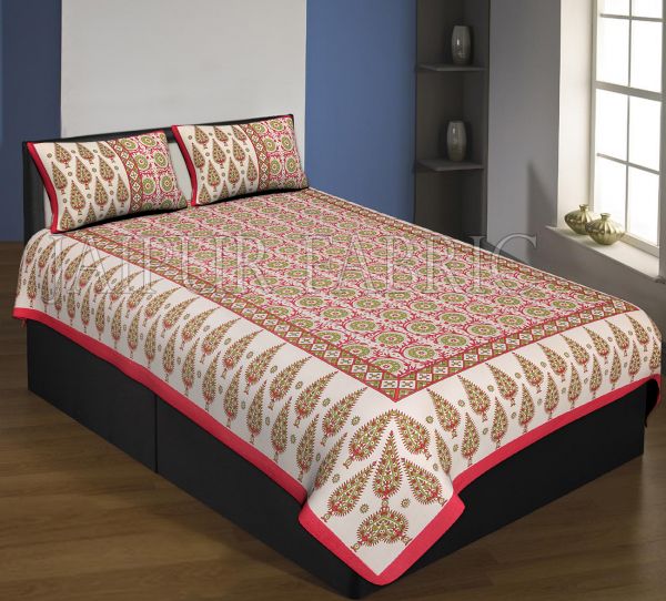 Red Boarder Cream Base With Green Leaf And Flower Pattern Single Bed Sheet With 2 Pillow Cover