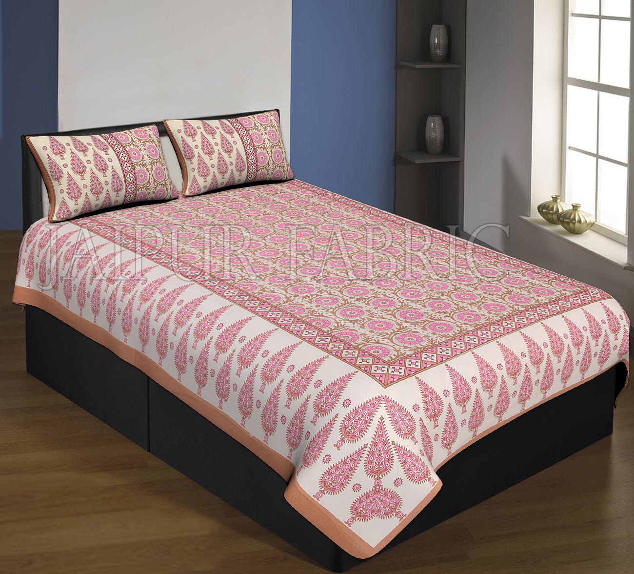 Brown Boarder Cream Base With Pink Leaf And Flower Pattern Single Bed Sheet With 2 Pillow Cover