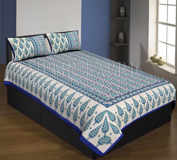 Navy Blue Boarder Cream Base With Navy Blue Leaf And Flower Pattern Single Bed Sheet With 2 Pillow Cover