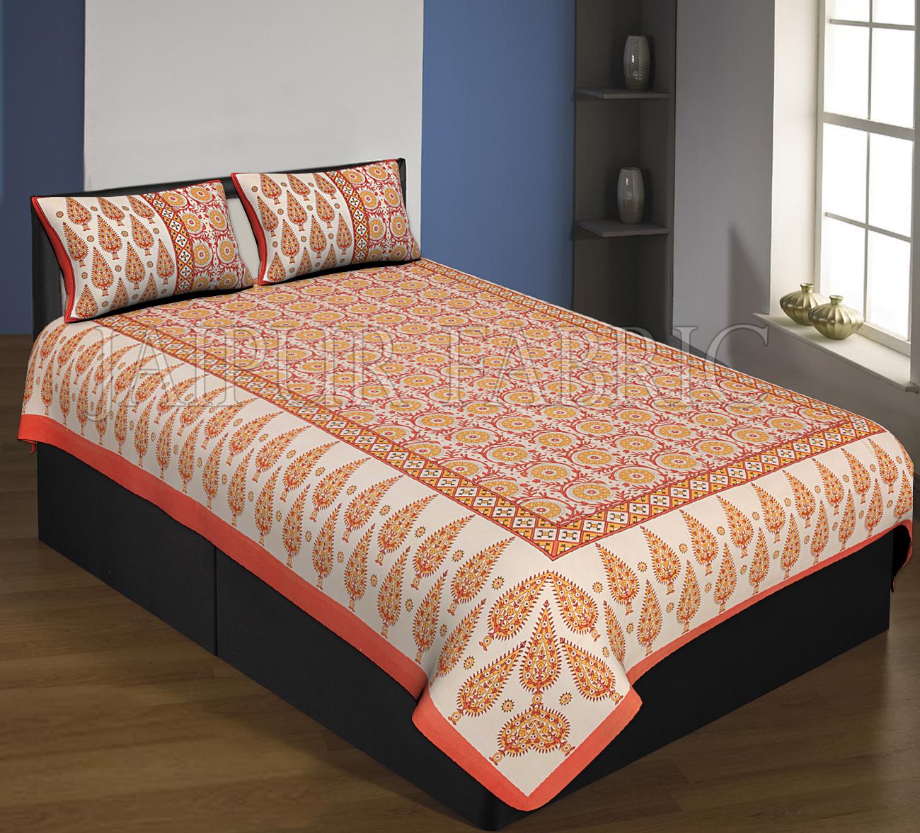Orange Boarder Cream Base With Yellow Leaf And Flower Pattern Single Bed Sheet With 2 Pillow Cover