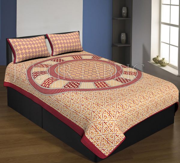 Mahroon Boarder Cream Base Circle Design With Leaf Pattern Single Bed Sheet With 2 Pillow Cover