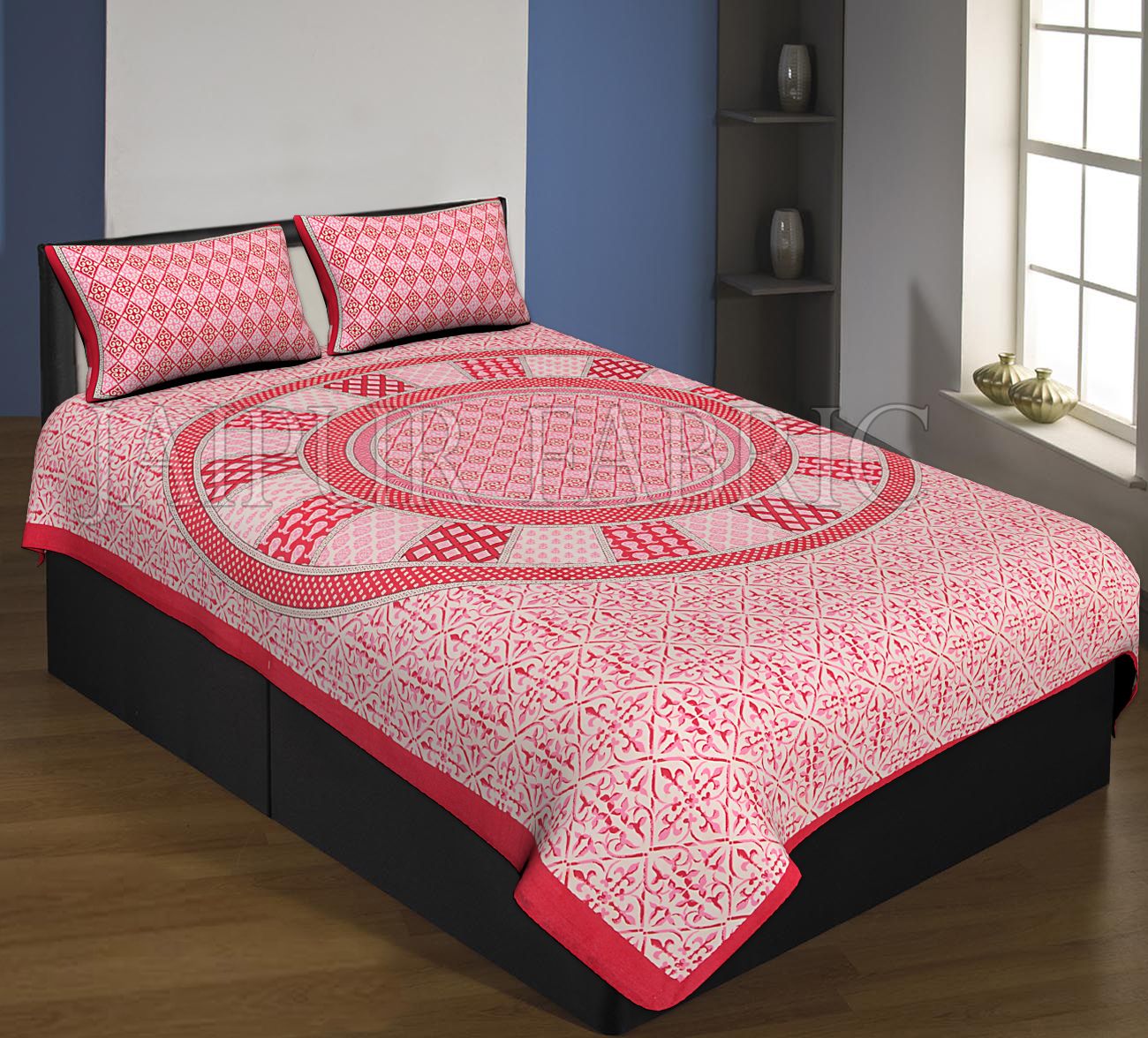 Red Boarder Cream Base Circle Design With Leaf Pattern Single Bed Sheet With 2 Pillow Cover