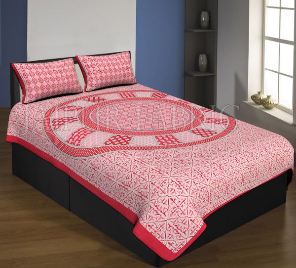 Red Boarder Cream Base Circle Design With Leaf Pattern Single Bed Sheet With 2 Pillow Cover