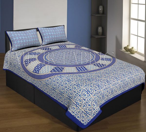 Navy Blue Boarder Cream Base Circle Design With Leaf Pattern Single Bed Sheet With 2 Pillow Cover