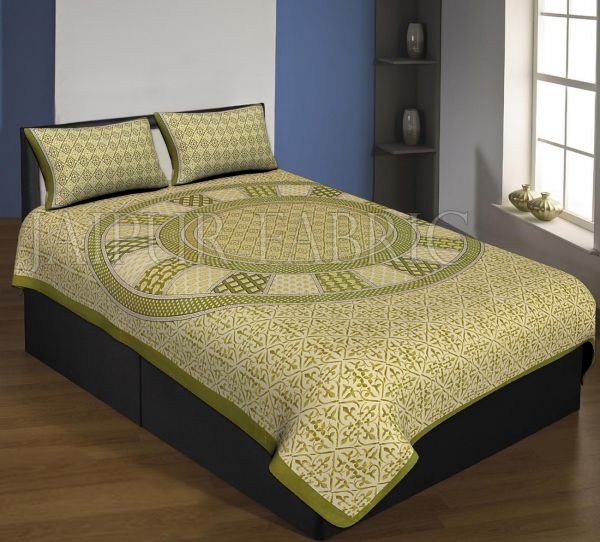 Green Boarder Cream Base Circle Design With Leaf Pattern Single Bed Sheet With 2 Pillow Cover