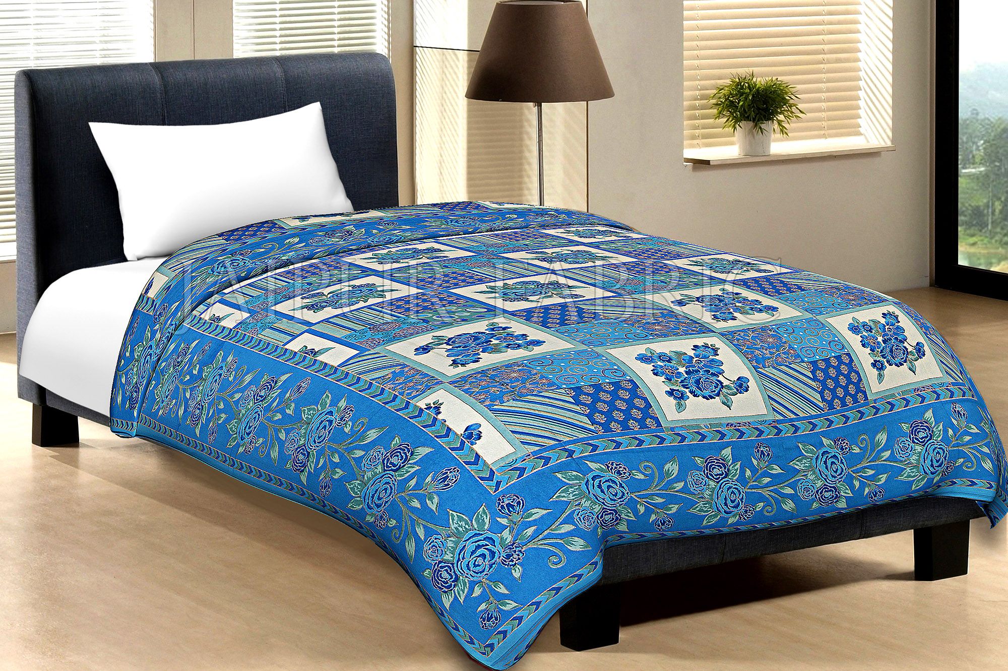 Blue Border Cream Base Flower And Check With Golden Shining Print Cotton Single Bed Sheet With Out Pillow Cover