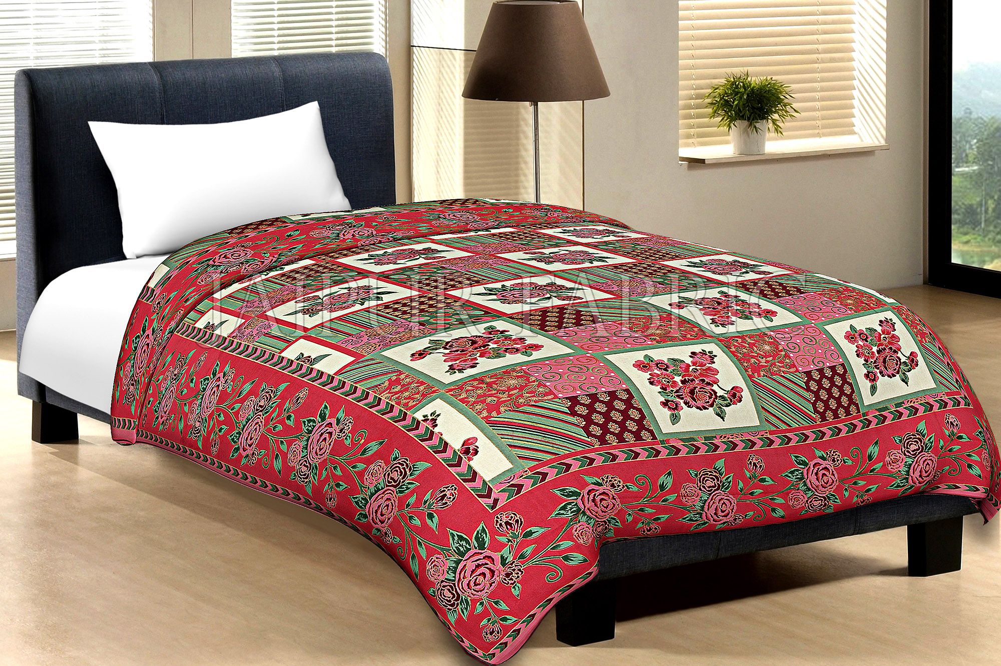 Red Border Cream Base Flower And Check With Golden Shining Print Cotton Single Bed Sheet With Out Pillow Cover